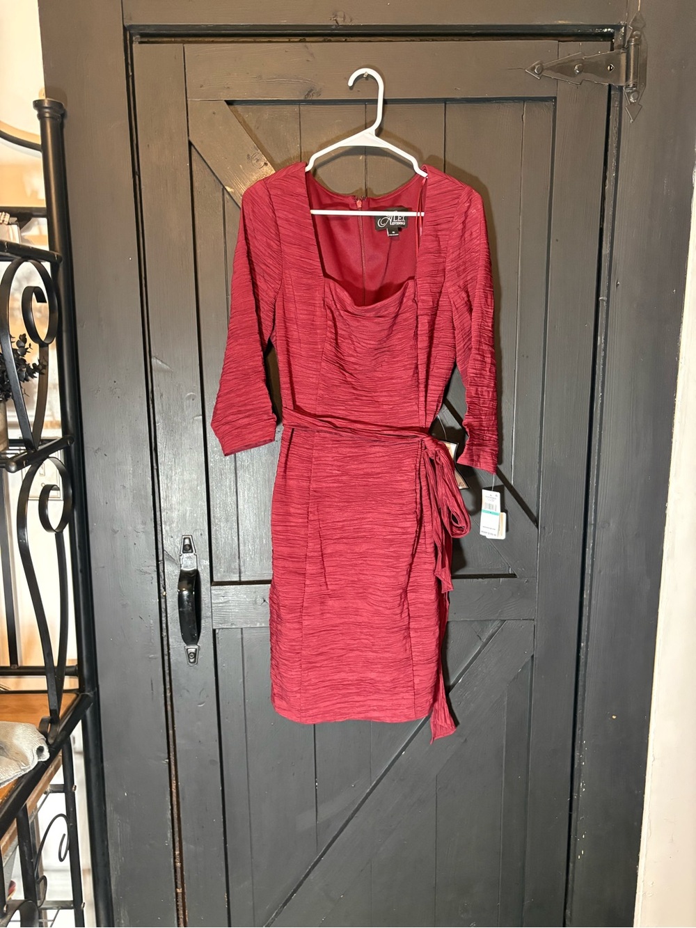Alex Evenings Red Textured Wrap Midi Dress with Side Sash